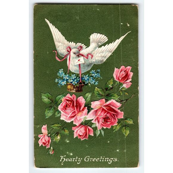 Vintage Embossed Christmas Postcard Dove with Letter & Pink Roses - Picture 1 of 2